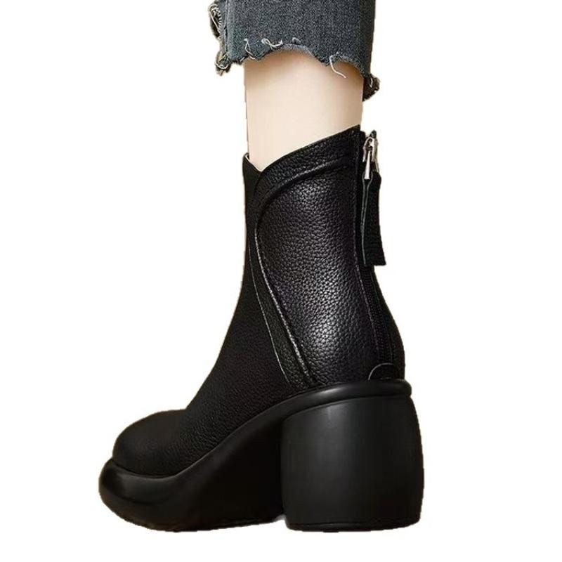 Retro boty s fleecem, Vysoké podpatky, Silné podpatky, Kotníkové boty, Dámské boty na silné podrážce, Boty s měkkou podrážkou, Nude boty