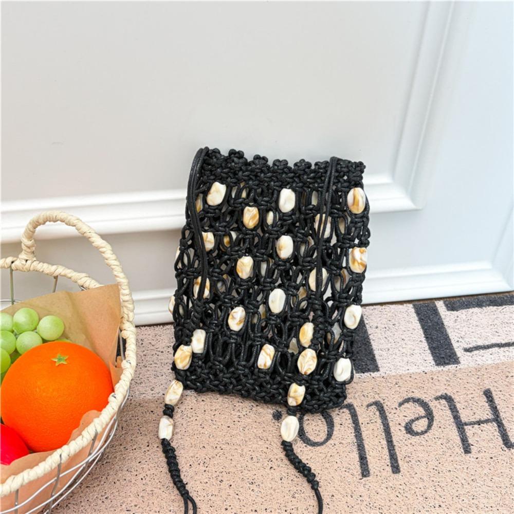 

Fashion Hollow-out Crossbody Phone Bag Large Capacity Handmade Beaded Bag Casual Lightweight Shoulder Bag for Women чёрный