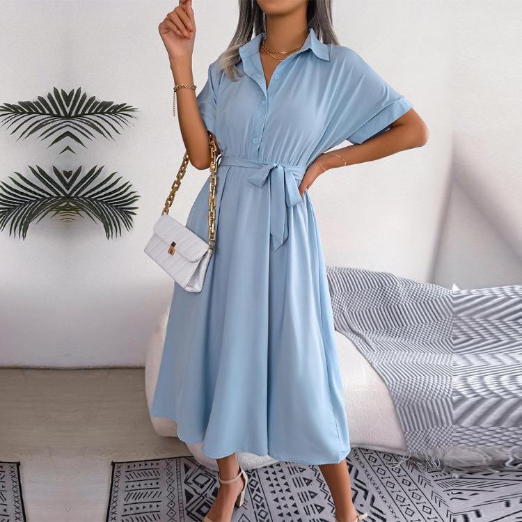 Women Casual Loose Button Dress Spring Summer Solid Color Lace Up Shirt Skirt Lapel Neck