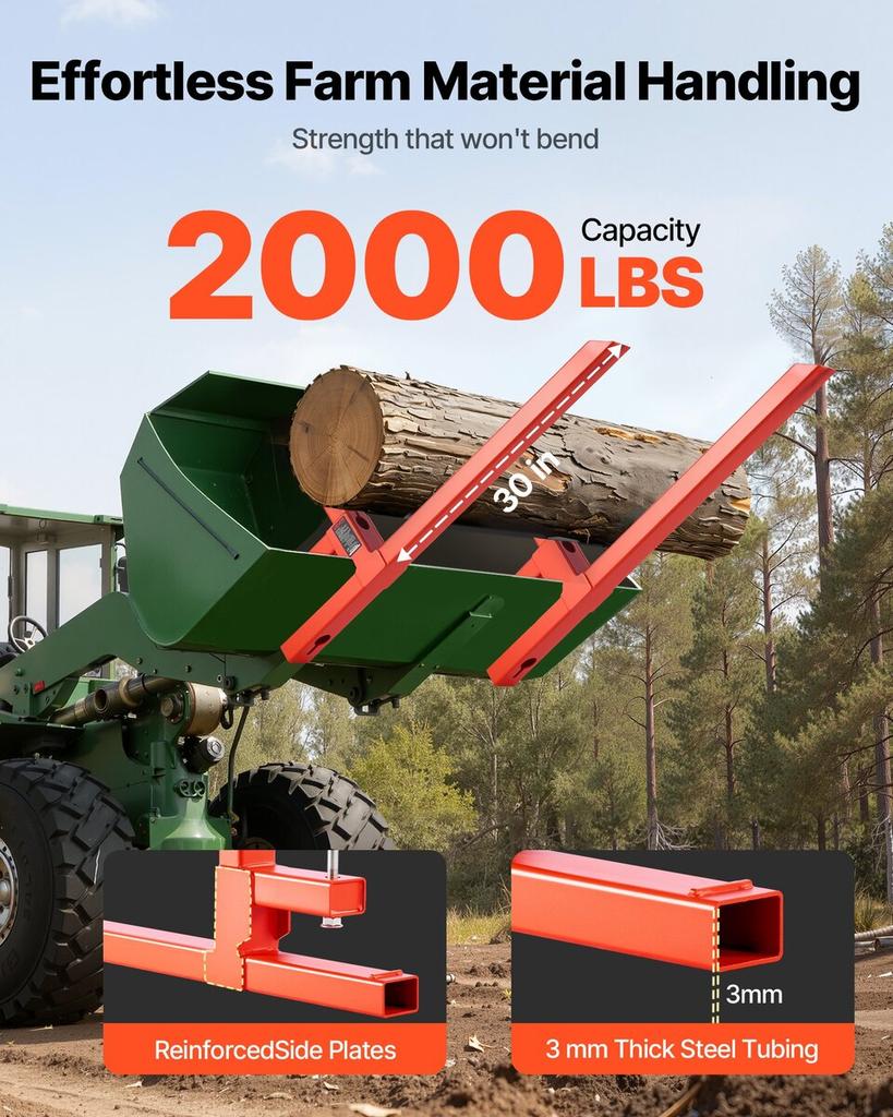 Pallet Forks, 907 Kg Clamp On Pallet Forks, 109 Cm Total Length Heavy-Duty Quick Attach Tractor Fork Compatible with Tractor Attachments, Loader