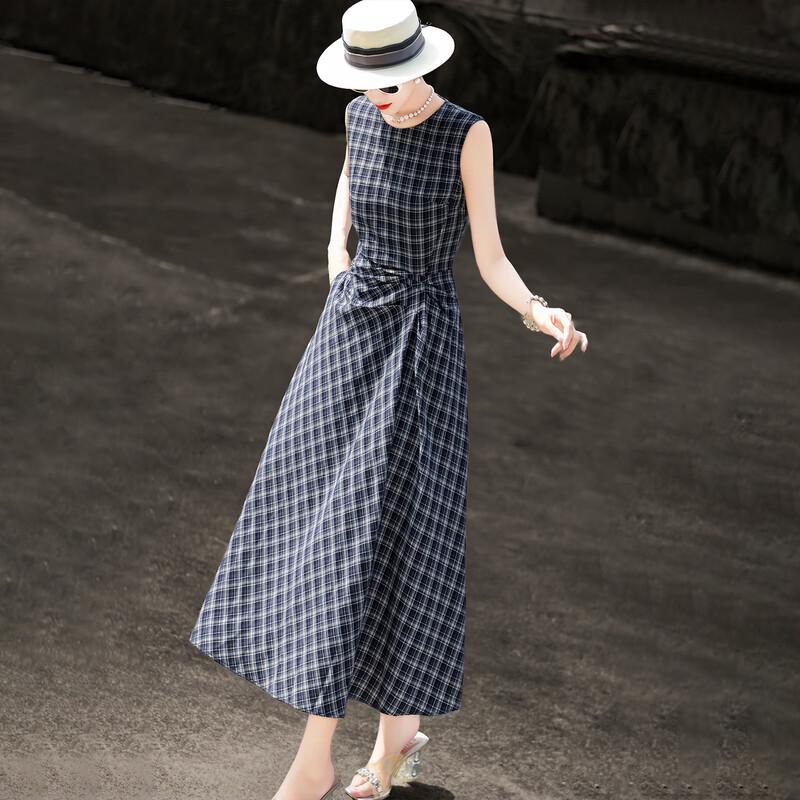 Lanser 2026 French Retro Pleated Plaid Sleeveless Vest Dress