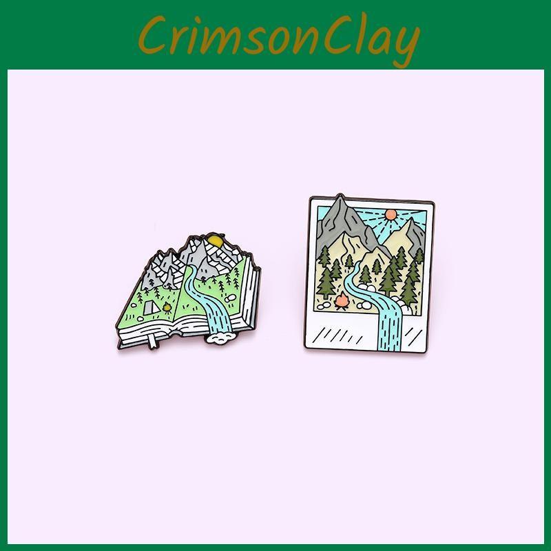 Geometric Cartoon Design Landscape Brooch Colorful Book Pin For Trendy Personal Accessories