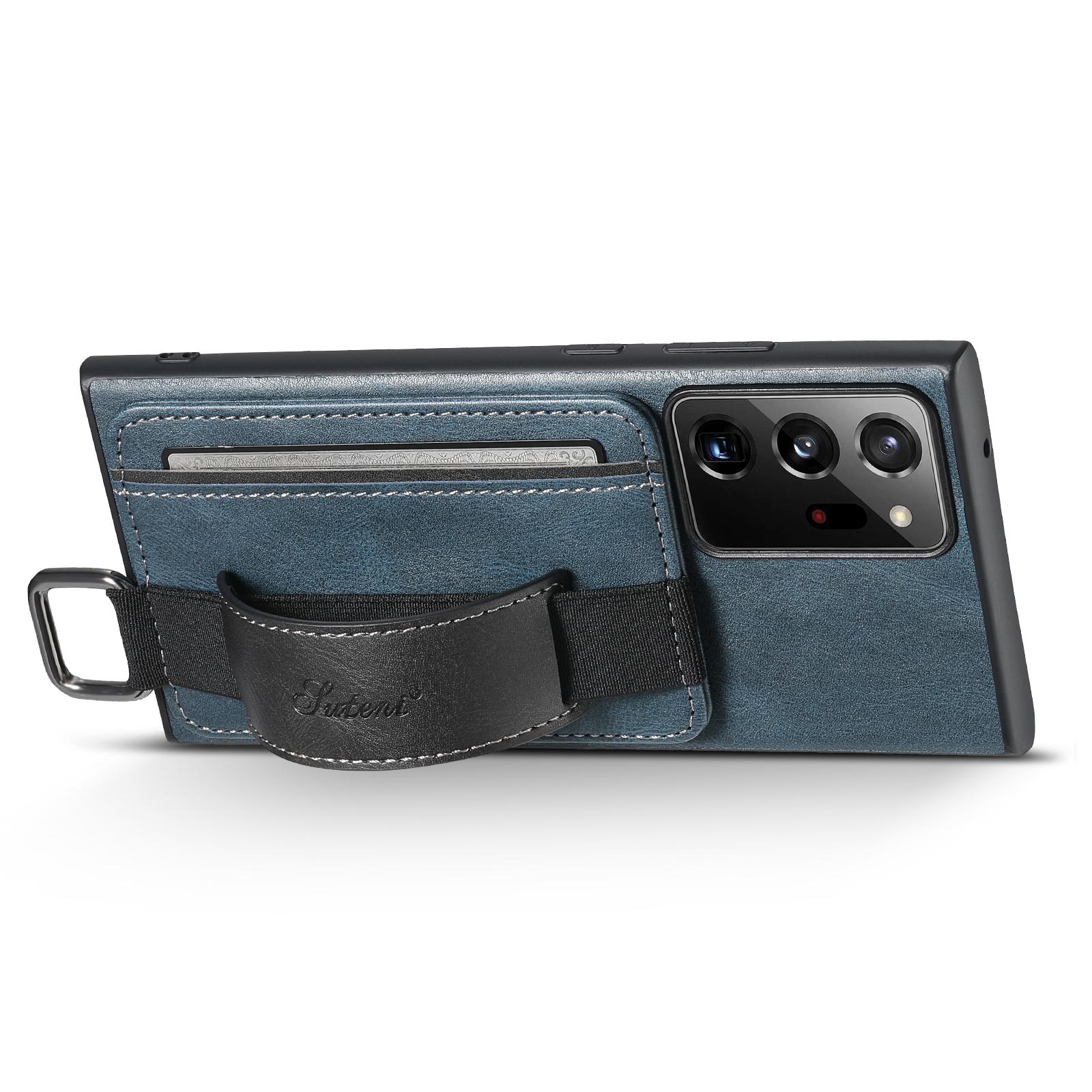 

SUTENI H13 For Samsung Galaxy Note20 Ultra/Note20 Ultra 5G Card Holder Case Leather Coated PC+TPU Phone Cover with Kickstand and Hand Strap Blue