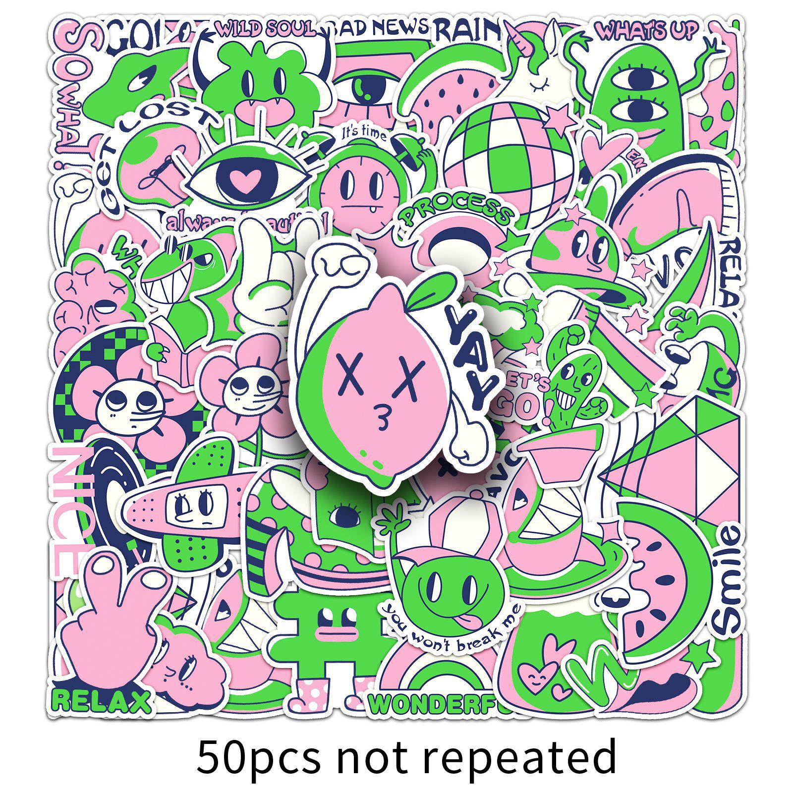 50-Piece Hand-Painted Pink & Green Waterproof Cartoon Stickers for Laptops, Journals, Helmets & Phones