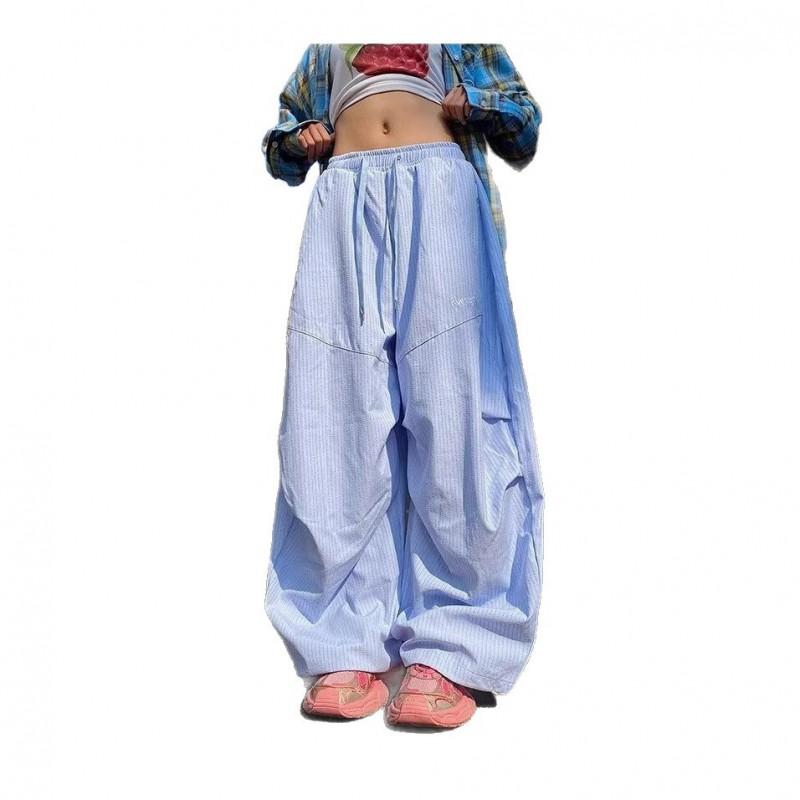 Womens High-Waisted Wide-Leg Cargo Pants With Pleats Stripes Loose Fit Casual Trousers Jazz Dance