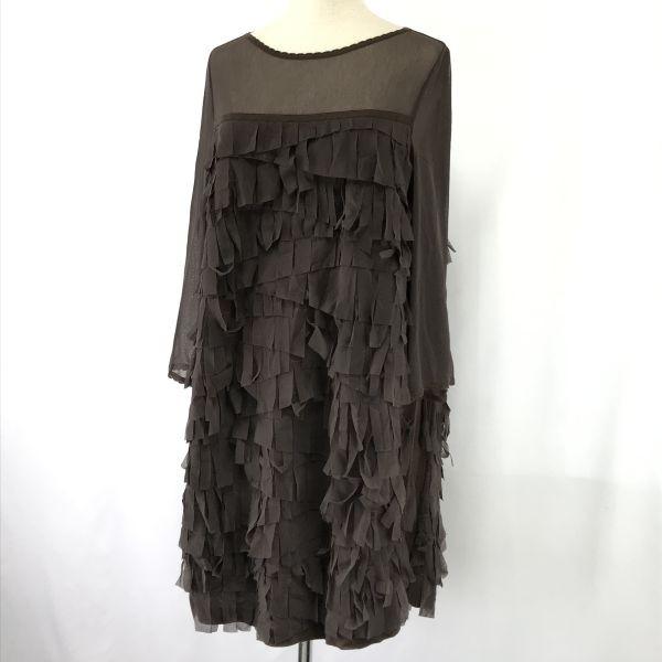 USED/Made In Japan GK Italiya Sheer Sleeve Tiered Fringe Dress 11 Women M-L Knee Length Brown cBH627