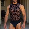 Men Crew Neck Sleeveless Lace Mesh Sheer Leotard Underwear Slim Fit Jumpsuits