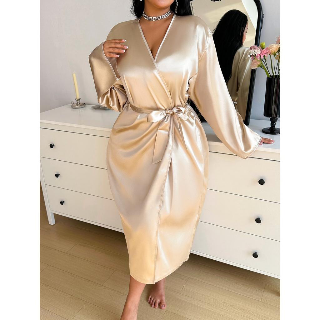 Thin and Elegant, Simple and Casual Mid-length Lace-up Bathrobe for Women, Spring and Summer Ice Silk Pajamas