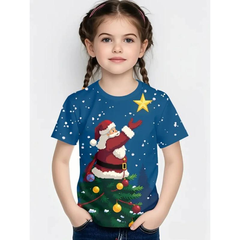 Round Neck 3D Christmas Theme Printed Short Sleeved Children's Girl T-shirts - Soft Medium Stretch Polyester Fabric Summer Relaxed Fit Clothing