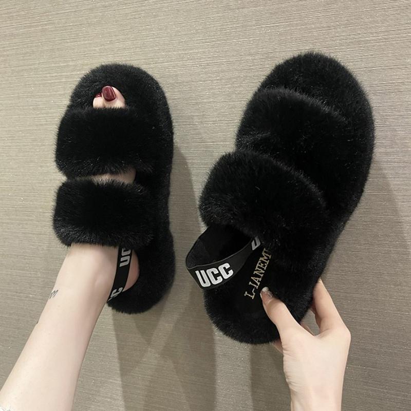 Women Fur Slippers Flats Casual Shoes 2025 Trend New Winter Open Toe Flip Flops Cozy Woman Warm Slides Slingback Zapatos