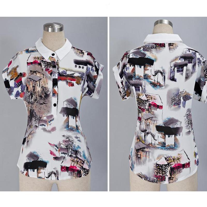 Temperament Ink Printed Short Sleeve Women Casual Shirts Summer Tops Elegant Slim Fit Loose Blouses Women Turn Down Collar Office Lady Shirt New 26528