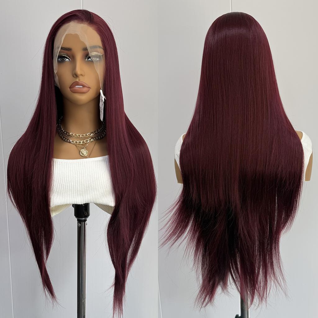 AIMEYA Burgundy Lace Front Wig Heat Resistant Synthetic Long Straight Wig for Black Women Natural Hairline Daily Used Cosplay