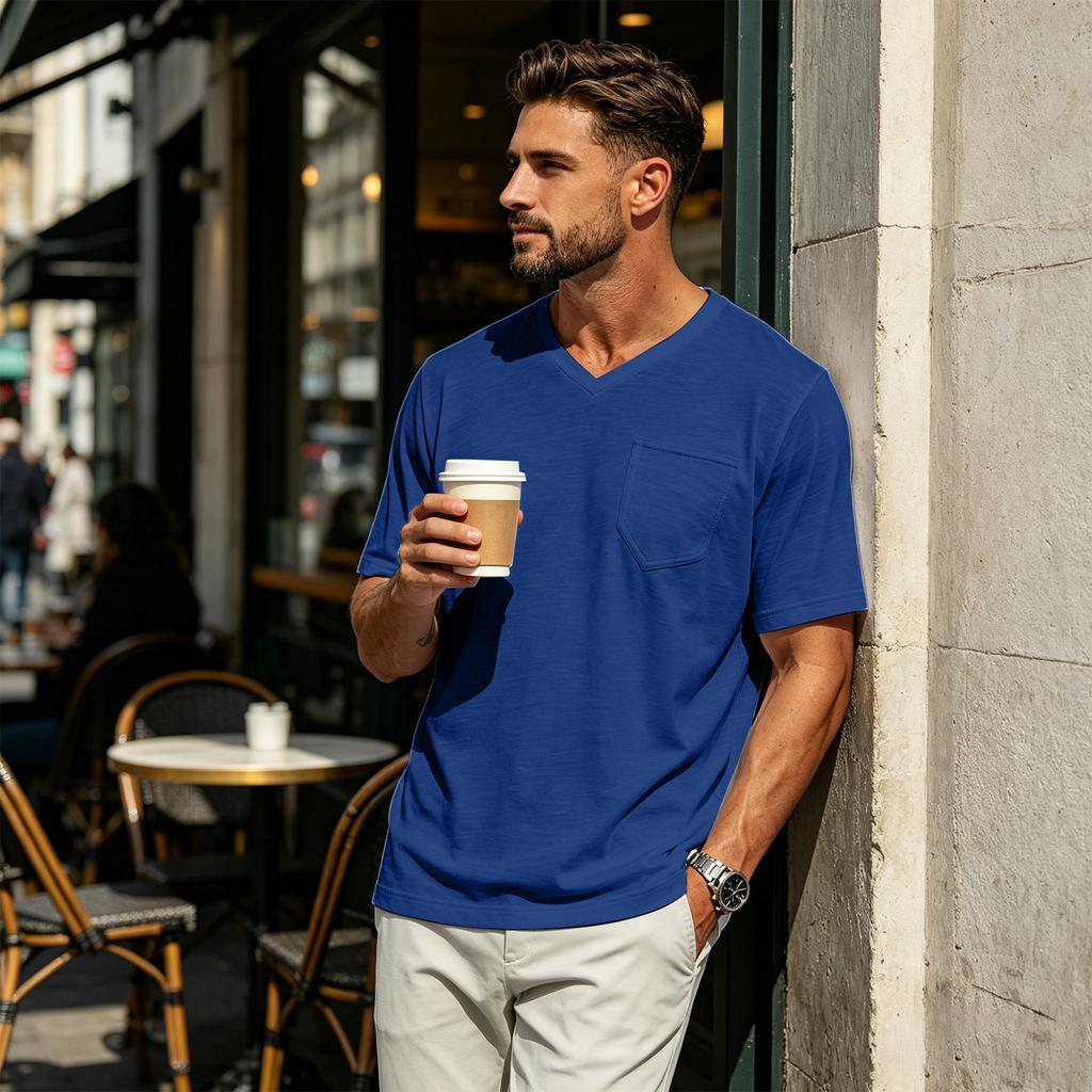 Herren Freizeit Hemd mit V-Ausschnitt, Leicht, Atmungsaktiv, Kurzen Ärmeln, Brusttasche, Weichem Stoff, Bequemer Passform, Sommer Top