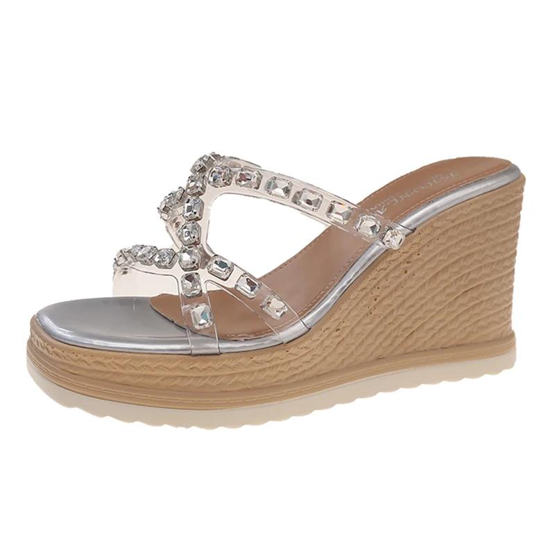 Fashion Women's Rhinestone Decor Wedge Heel Sandals Transparent Pvc Thick Sole Slippers Woman Summer Fashion Chunky Platform Sandalias