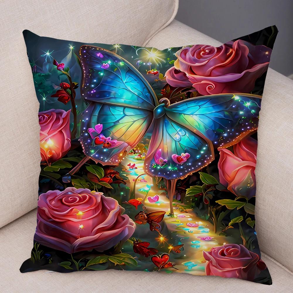 Tecknad Blomma Fjäril Djur Kuddfodral Dekor Blomma Kuddfodral för Soffa Hem Bil Fantasi Skog Mjuk Plysch Kuddfodral
