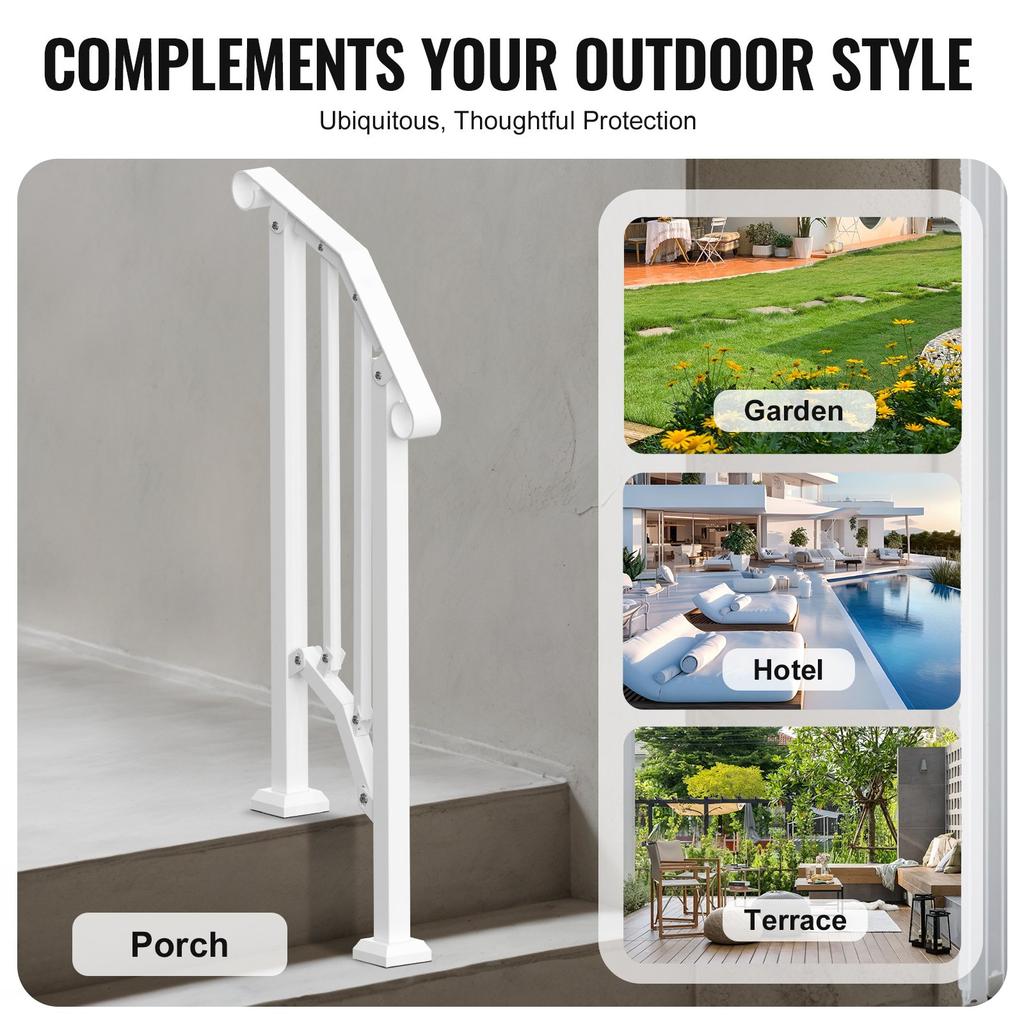 VEVOR Handrails for Outdoor Steps, 1-2 Step Stair Hand Rail Kit, Transitional Carbon Steel Railings with Installation Kit, Stair Rails for Seniors