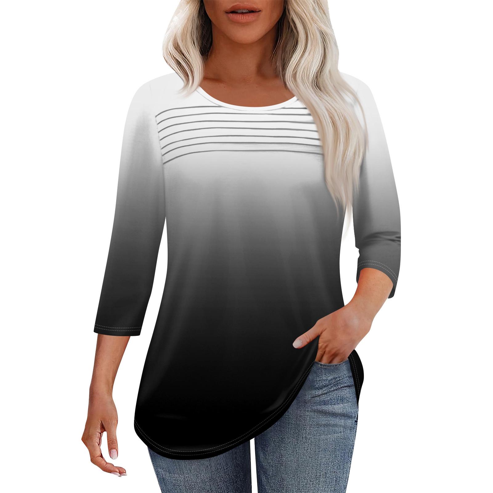 

Женская мода круглый вырез шея плиссированная передняя планка однотонный топ рукав 3/4 L чёрный