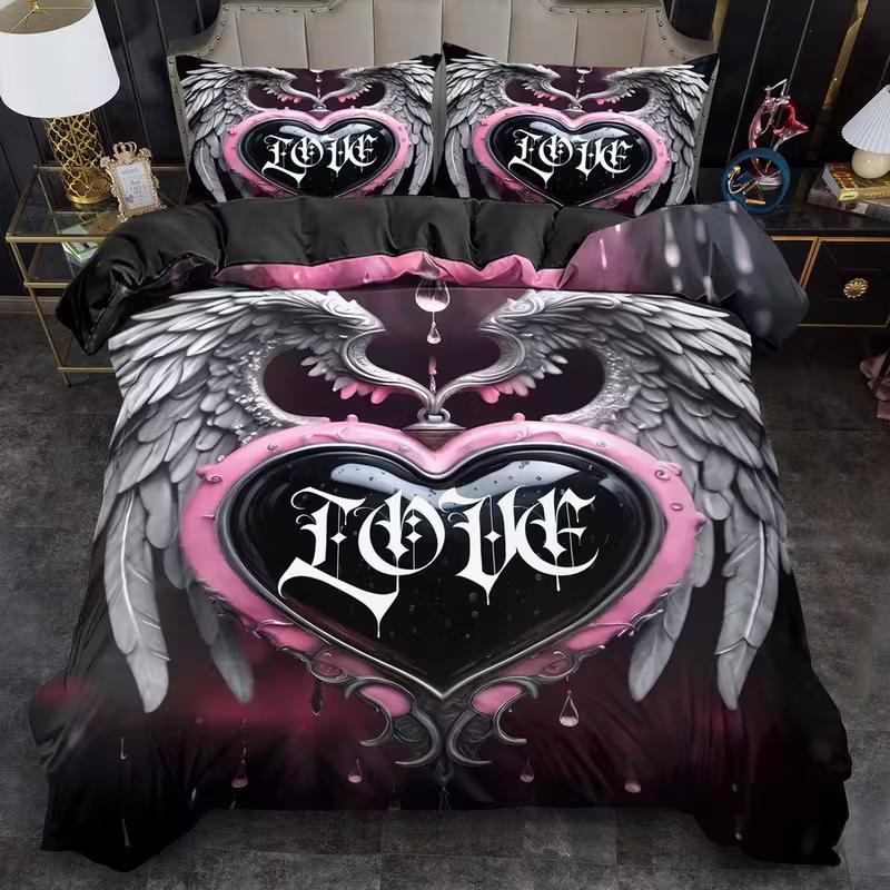 

Gothic Love Heart Bedding Set Angel Wing Down Duvet Cover Queen King Double Duvet Cover Pillowcase 2/3 Gift Soft Bedroom Decoration UK Single 135x200cm
