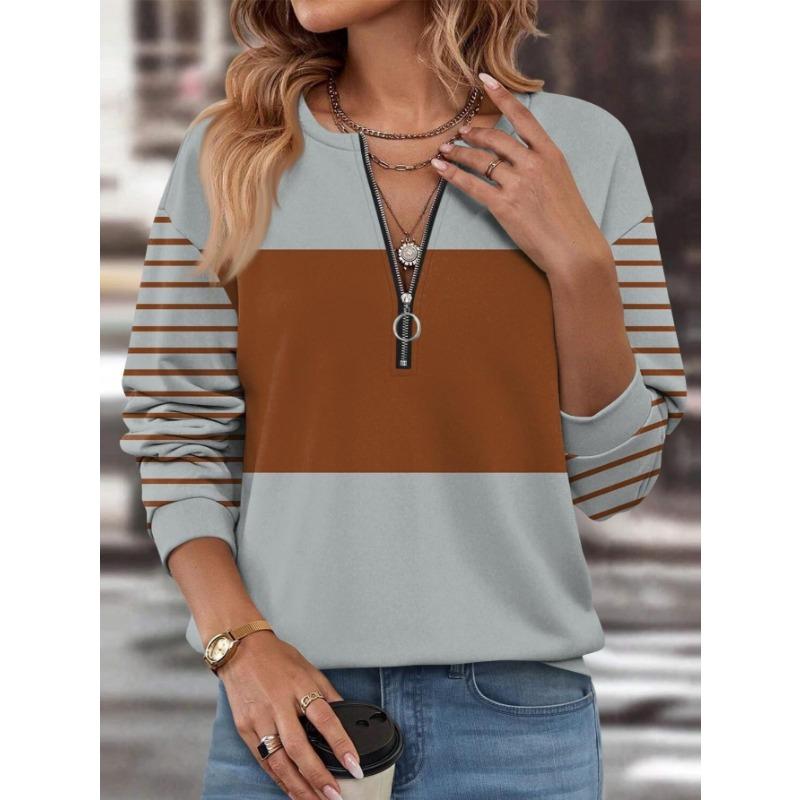 Women's Elegant Printed Zipper Long-sleeved Top, Stylish and Versatile for Autumn and Winter Casual and Office Wear, Machine Washable