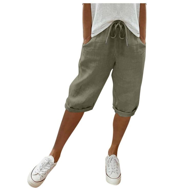 Women Casual Linen Shorts with High Waisted Drawstring Pants Pockets
