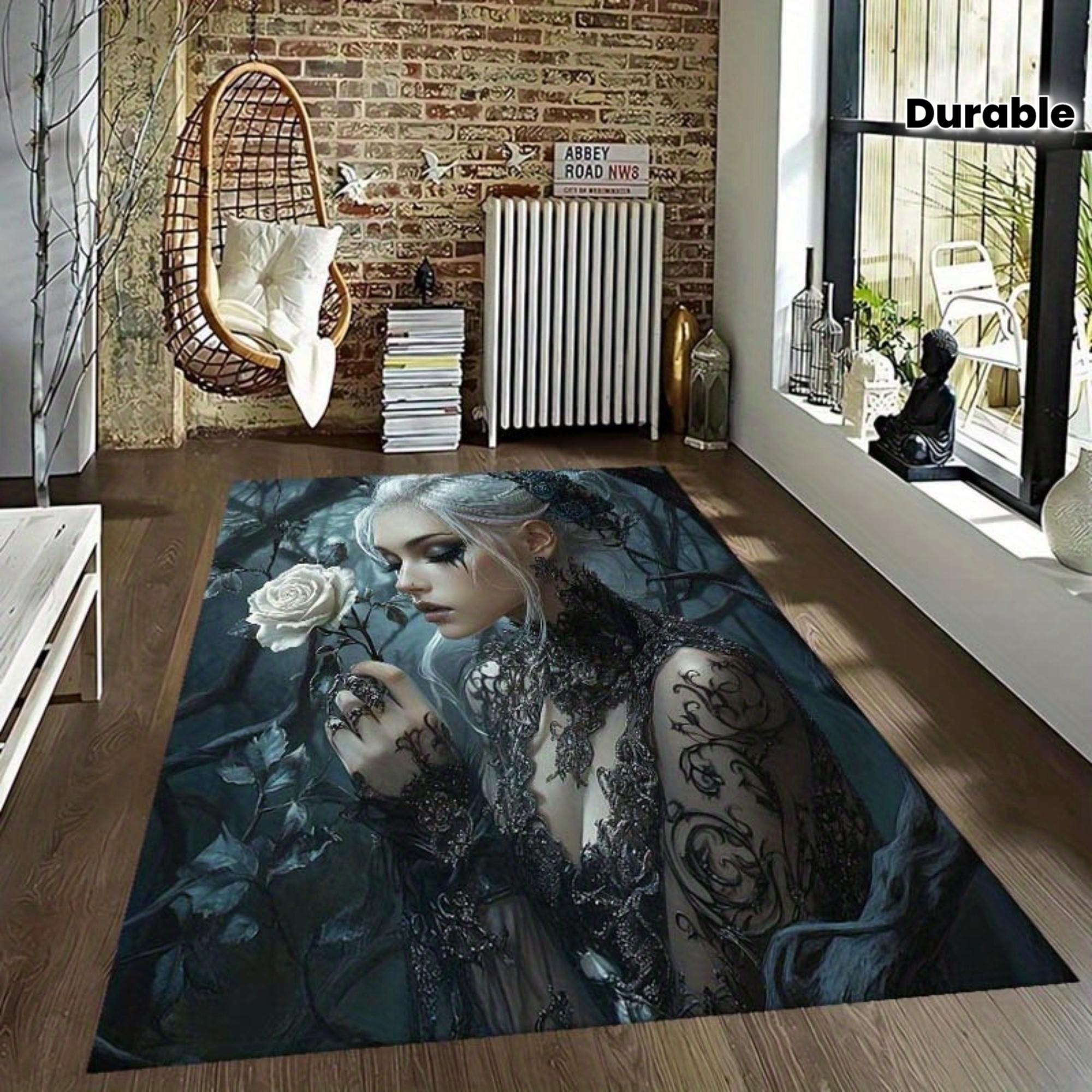 Dark Gothic Woman Holding White Rose Printed Flannel Rug Artistic Home Decor Durable Floor Mat Living Room Bedroom Style Elegant 60x90cm