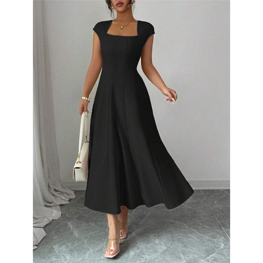 Vestido Elegante Largo de Manga Corta con Escote Cuadrado para Mujer