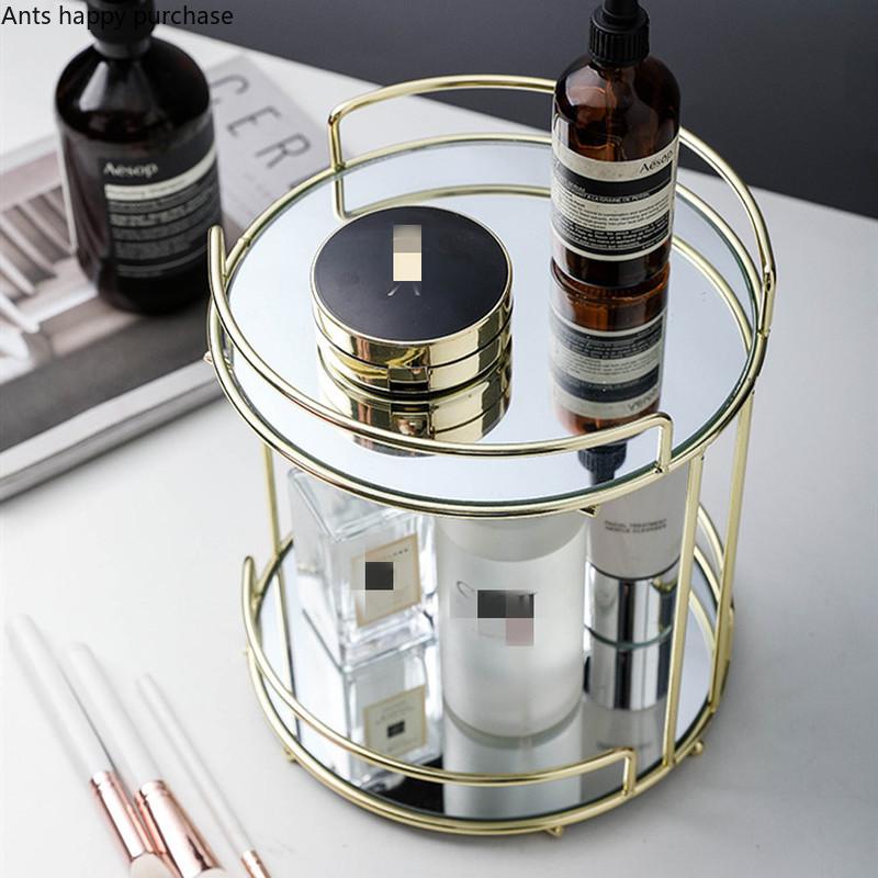 Wrought iron glass Double storage rack Round cosmetic rack Rotatable shelf Bathroom Shelves organizer Cake stand Dessert plate