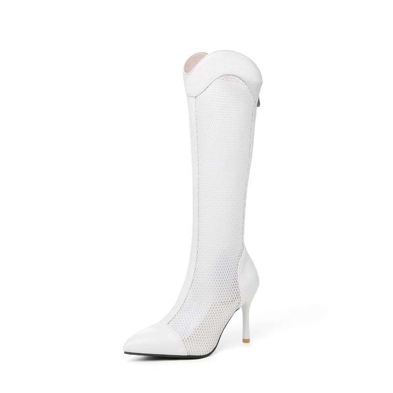 Mesh Panel PU Breathable Summer Knee High Boots Pointed Super High Thin Heel Sexy Hollow Long Boots For Women 2025