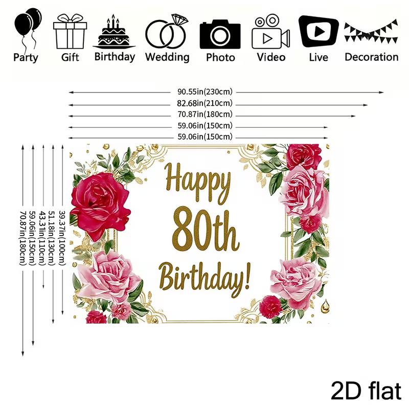2D Watercolor Pink Rose 80th Birthday Backdrop for Milestone Party Photo Booth Decor
