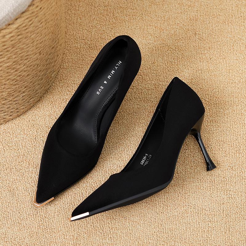 

G8836-1 black pointed high heels women s 2025 new autumn temperament fine heel suede shoes 34 чёрный
