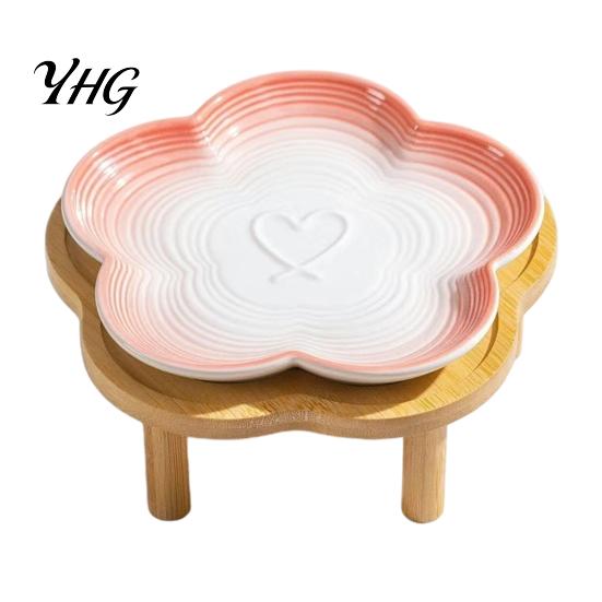 Anti-spill Cat Bowl Elevated Ceramic Pet with Raised Stand, Flower Shape Whisker Friendly Food Stand Feeding Plate for Neck Protection,