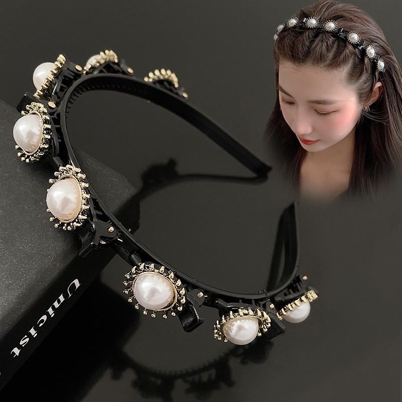 New Women Vintage Pearls Rhinestone Flower Braided Hairband Double Bangs Hairstyle Hair Clips Fashion Hair Accessories