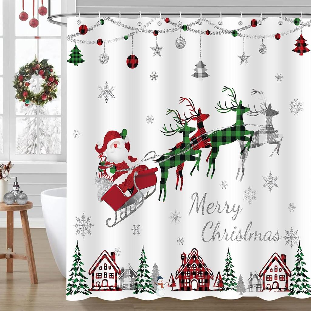 Christmas Tree Shower Curtain, Winter Colorful Cartoon Xmas Tree Cute New Year Bath Curtain Decor, Waterproof Bathroom Accessory
