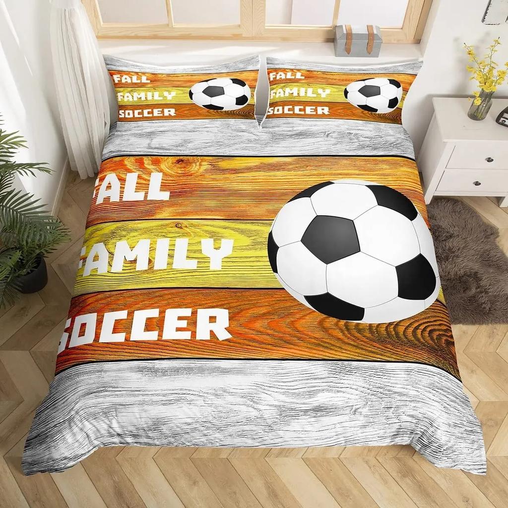 Fußball Bettbezug Set King Queen Full Size Fußballmuster Polyester Bettdeckenbezug für Kinder Jugendliche Fußballliebhaber Bettwäscheset