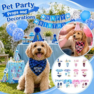 Pet Birthday Party Decoration Kit Dog Bandana Hat Banner Flag Number Set Includes Balloons Bow Tie Tape Suitable for Pet Celebrations