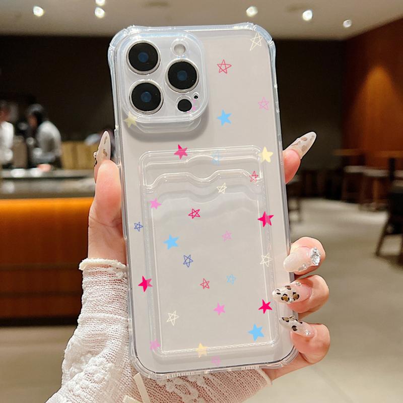 Soft Silicone Clear Card Slot Phone Case for iPhone 16 Pro 15 14 13 Pro Max 12 11 Colorful Stars Pattern Shockproof Lens Protection Solid Color Cover