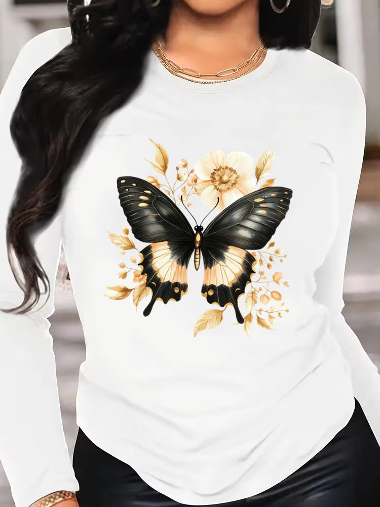 (Asian Size) T Shirt Tee Women Clothing Butterfly Cute Long Sleeve Print Autumn Winter Spring Casual Fashion Top O-neck Graphic T-shirts