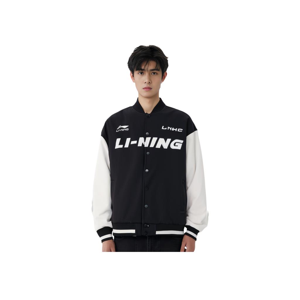 Li Ning Sports Lifestyle Series American Vintage Street Style Spliced Single-Breasted Long Sleeve Baseball Jacket Unisex Jacket Black AWDU779-2