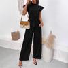 Eleganter Damen-Jumpsuit mit schwingenden Ärmeln, Spitzenkragen und hohem Bund
