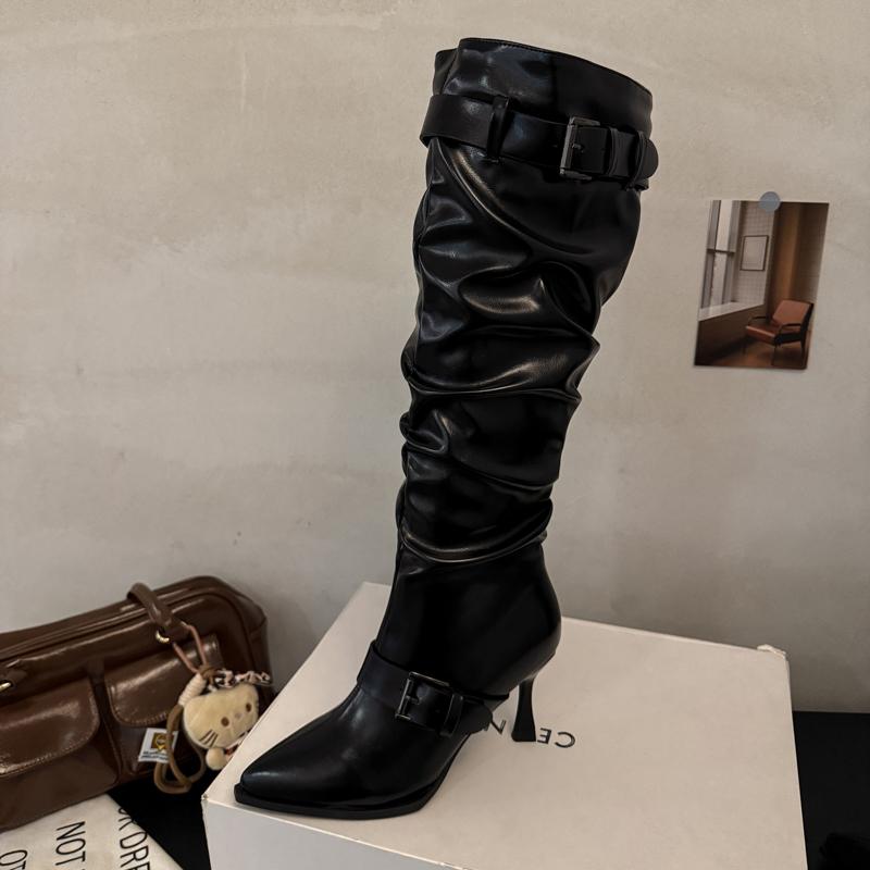 Pointed Toe Thin Sole Stiletto Heel Plus Size Pleated Mid-leg Boots Women's Shoes