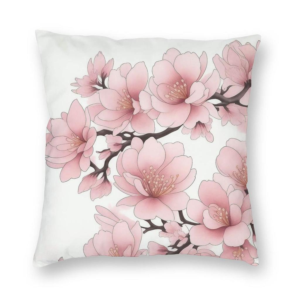 Sakura Pink Cherry Blossoms Square Pillowcase Polyester Linen Velvet Creative Zip Decorative Pillow Case Home Cushion Case