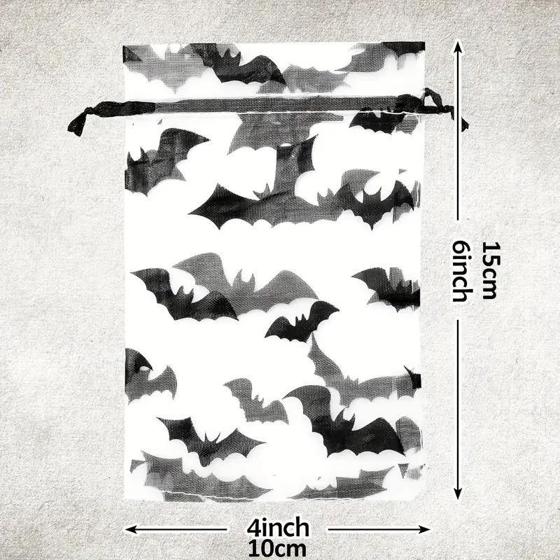 WTEMPO Halloween Organza Gauze Drawstring Bags Black Bat Pattern Design Mesh Gift Bags Holiday Festive Party Supplies