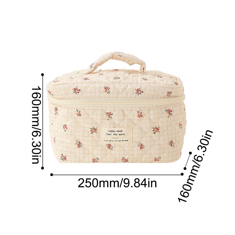 Women Aesthetic Toiletry Purse Printed Cotton Quilted Makeup Handbag Large Capacity Zipper Closure Girls Daily Handbag