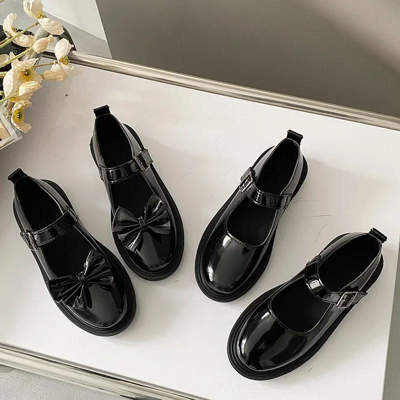Japanese Style StudentSweetbow Black Flat Shoes Round Toe Shallow Sole One-Character Buckle Low Heel Mary Jane Shoes