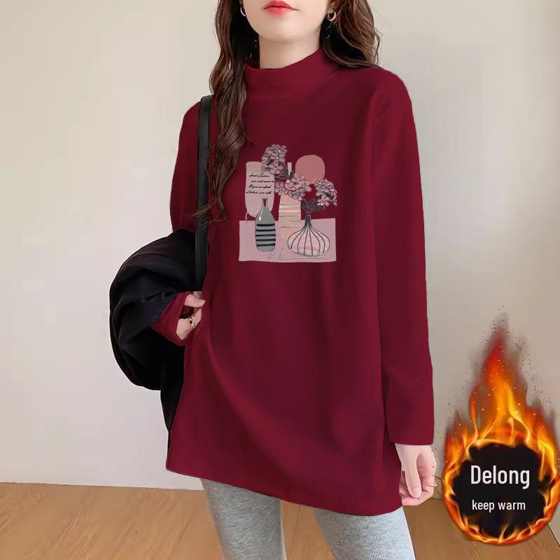 Plus Size Women's German Velvet Long Sleeve T-shirt: Loose Mid-Length Base Shirt for Early Spring, Autumn, and Winter.