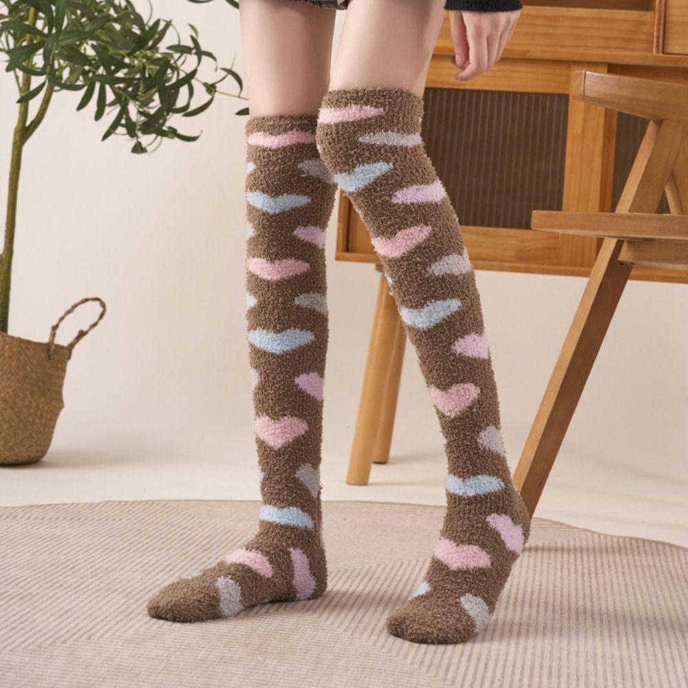 Heart Coral Fleece Stockings Thicken Warm Long Tube Socks Creative Floor Plush Stockings Autumn