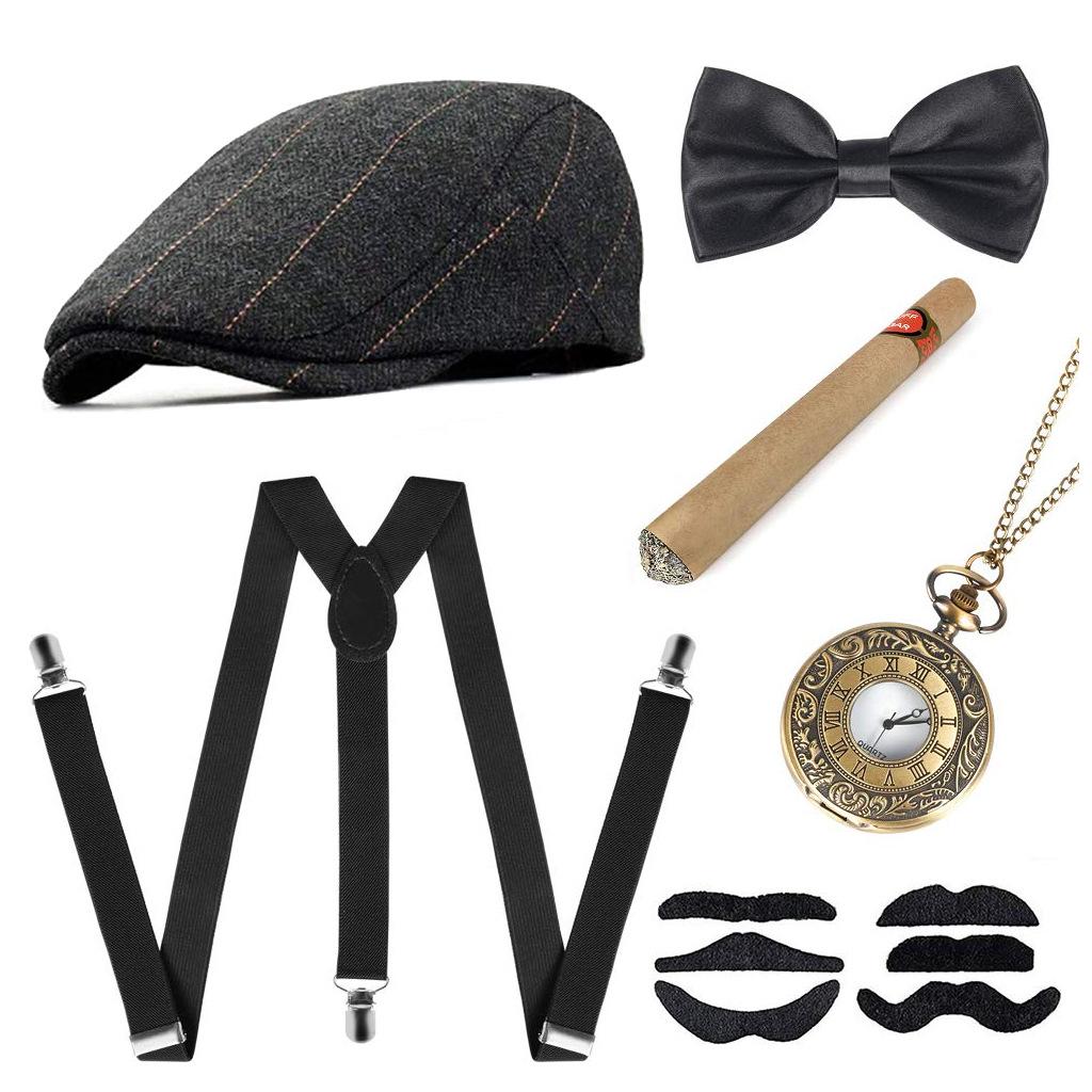 

Boys Gangster Costume Set 1920 s Boys Costume Short Brim Fedora Hat Adjustable Suspenders With Pre-Tied Bow Tie, Old Man Moustache For Kids Style 3 One size fits all#1