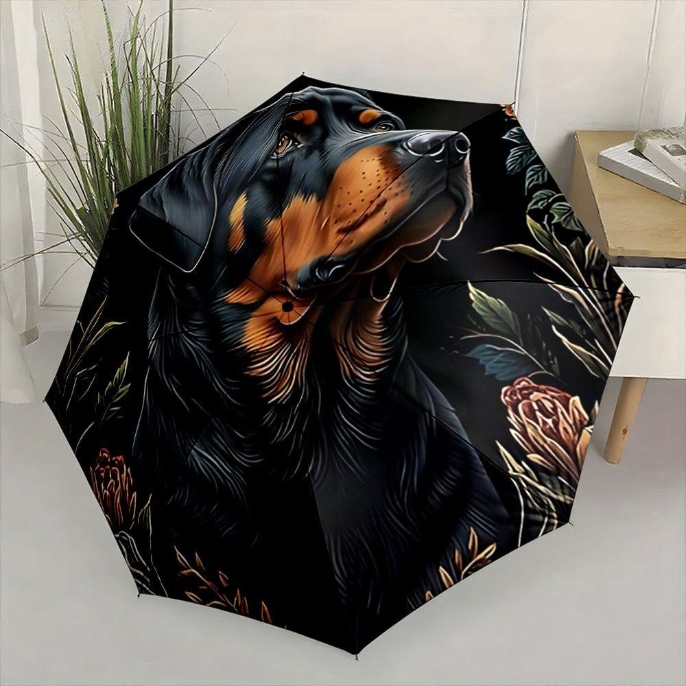 Rottweiler Portrait Folding Umbrella with Floral Accents - Automatic Open/Close, 8-Rib Durable Design, Compact & Portable for