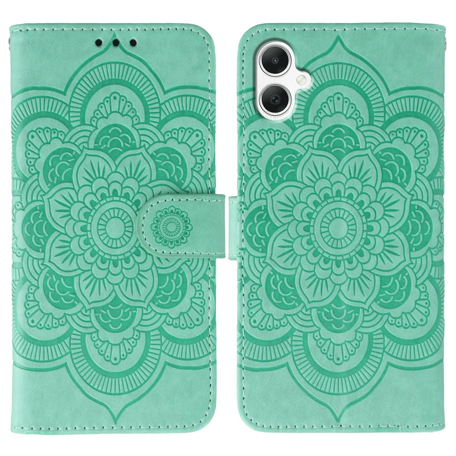 

For Samsung Galaxy A06 4G/5G/A07 Case PU Leather Mandala Imprinted Design Wallet Phone Cover with Wrist Strap Green