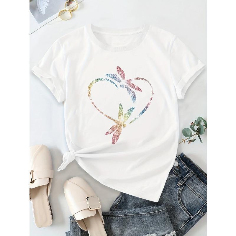 European sizes Women's Print T-Shirt - Short Sleeve Round Neck Summer Casual Blouse, Machine Washable Spring/Summer Casual Attire with Dragonfly